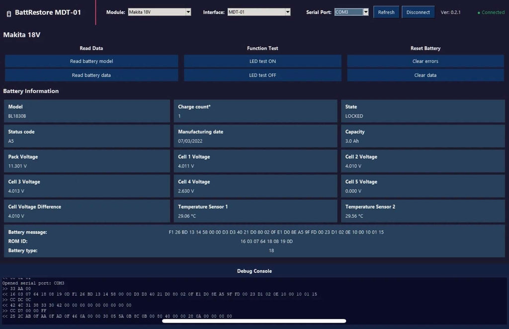 BattRestore software for MDT-01 for Makita 18v Battery Data Unlock BMS