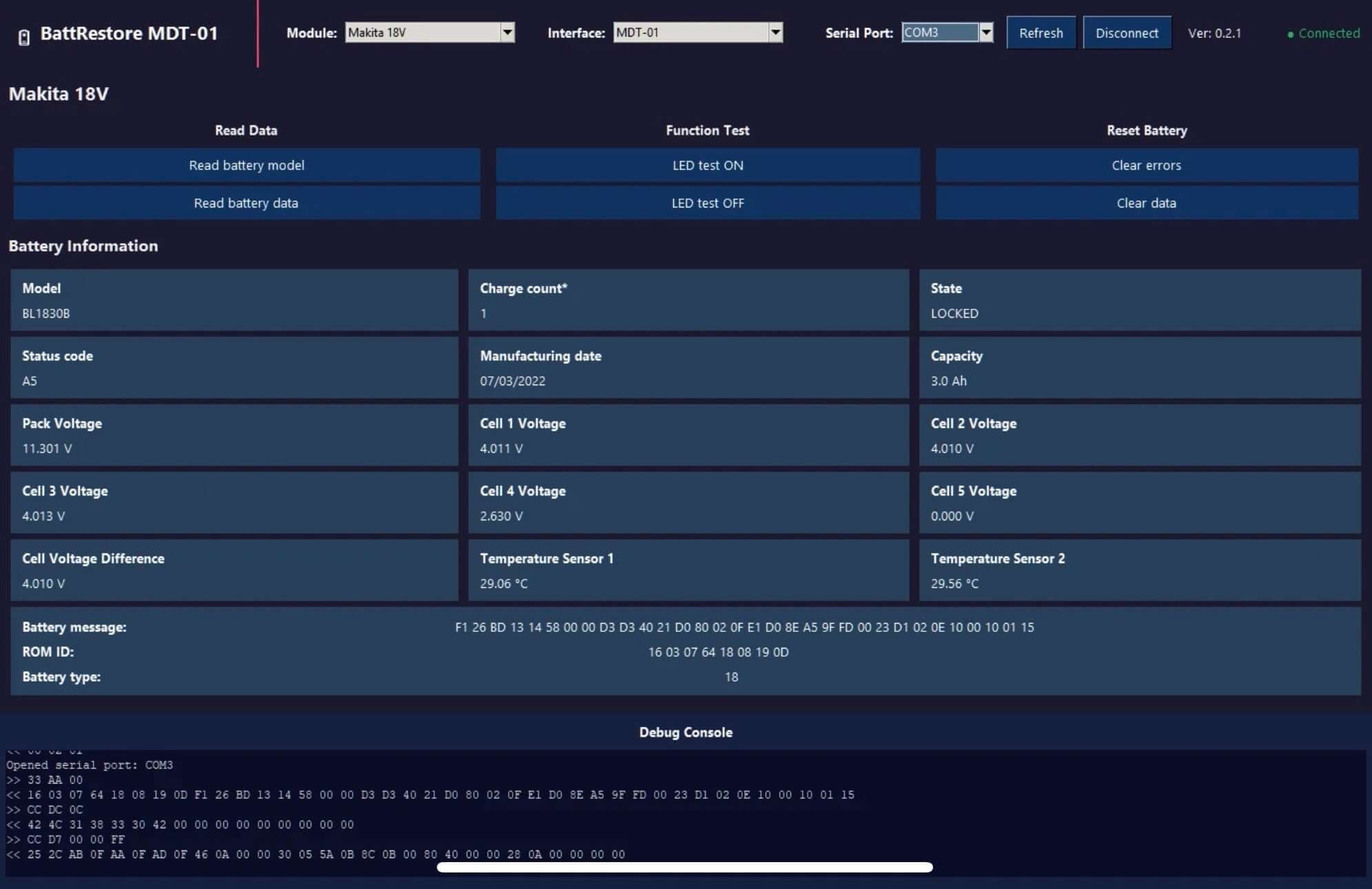 BattRestore software for MDT-01 for Makita 18v Battery Data Unlock BMS