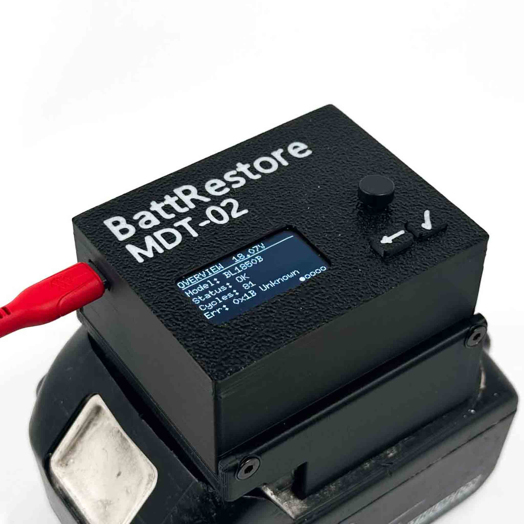 BattRestore MDT-02 battery restoration device with a digital display on a white background