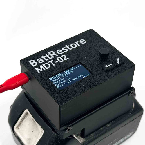BattRestore MDT-02 battery restoration device with a digital display on a white background